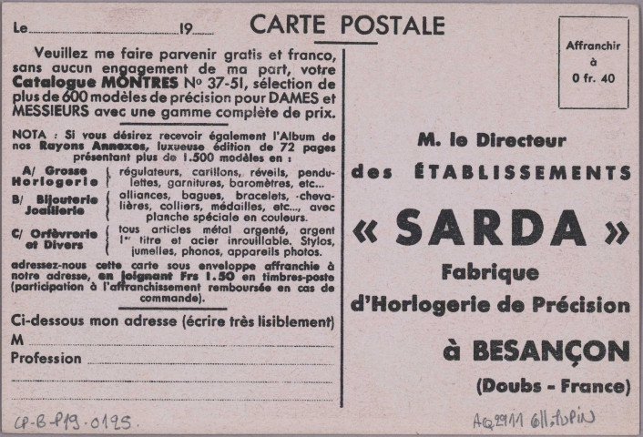 [carte commerciale demande de catalogue de la fabrique d'Horlogerie de précision SARDA]. [image fixe] , 1904/1930