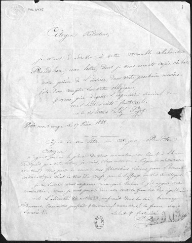 Ms 2976 : Tome V - Lettres et pièces diverses reçues par Proudhon à l'occasion de son activité de représentant du peuple, juin 1848 - mars 1849