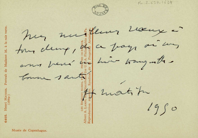 Ms Z 639-1624 - Carte postale de Henri Matisse adressée à Adèle et George Besson, datée de 1950 (vœux de bonne année pour 1951 ?)