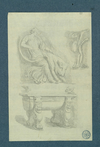 Antiquités : femme aux côtés d'un taureau ; lion ailé ; sarcophage décoré , [S.l.] : [s.n.], [1700-1800]