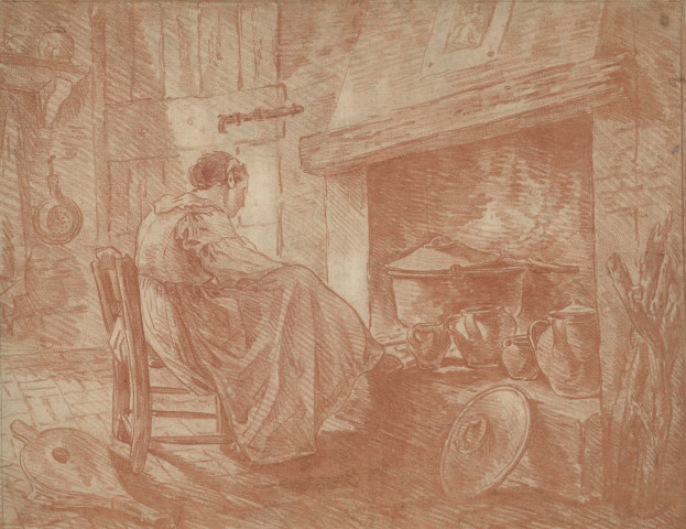 59 - Femme assise devant la cheminée d'une cuisine , [Rome], [circa 1762]
