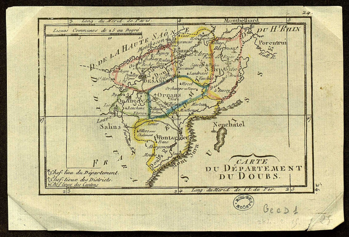 Carte du département du Doubs. 15 lieues communes de 25 au degré. [Document cartographique] , Paris : Prudhomme, 1790