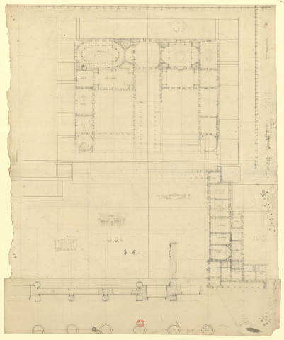 Projet pour la reconstruction du château de Versailles [Dessin] : plan partiel du premier étage avec variante d'aménagement des salles de représentation des appartements royaux , Paris, 1785