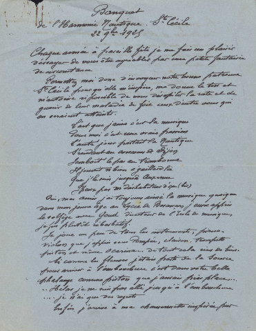 Brouillon et discours manuscrits ; banquet de Sainte-Cécile ; par Emile Jacquemin.