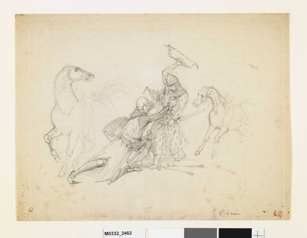 Deux soldats médiévaux au combat et leurs chevaux