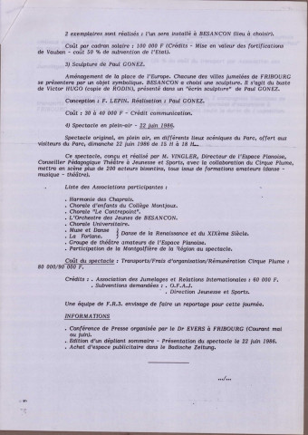 Spectacle à Fribourg-en-Brisgau (Allemagne), organisé par l'association des jumelages de la ville de Besançon dans le cadre des floralies "Langesgartenschau", le 22 juin 1986, organisation : correspondance, notes, comptes rendus de réunions.