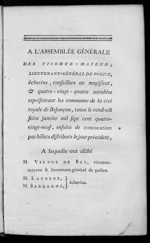 Délibération prise à l'assemblée générale de la commune de la cité royale de Besançon, tenue le 16 janvier 1789