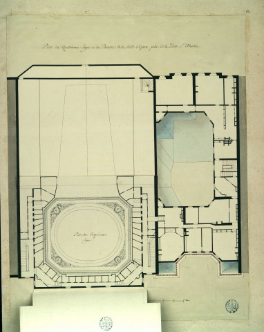 Plan des loges et du paradis (5e et 6e loges) du théâtre de la Porte Saint-Martin, à Paris, et de ses dépendances / Pierre-Adrien Pâris , [S.l.] : [P.-A. Pâris], [1700-1800]