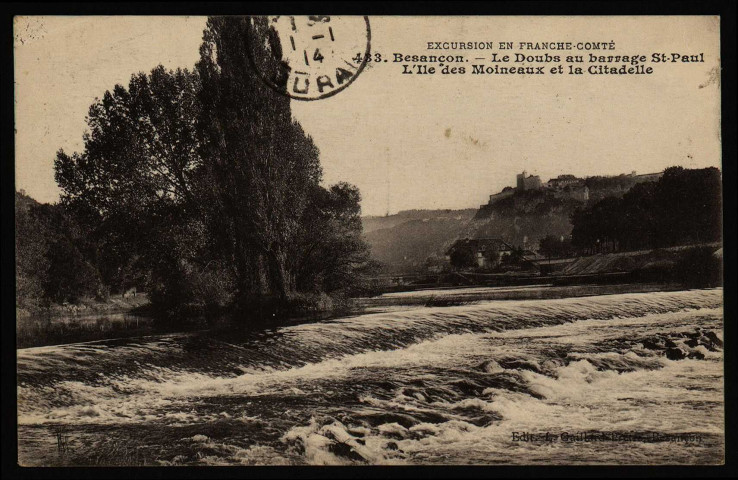 Besançon - Besançon-les Bains - Le Doubs au Barrage St-Paul - L'Ile des Moineaux et la Citadelle [image fixe] , Besançon : Etablissements C. Lardier - Besançon (Doubs), 1914/1930