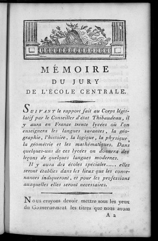 Mémoire du Jury de l'Ecole centrale du département du Doubs, relatif à l'instruction publique, adressé au gouvernement français