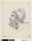 Tête d'homme barbu, coiffé d'un bonnet phrygien, la bouche ouverte, de profil à gauche