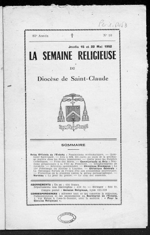 15/05/1952 - La Semaine religieuse du diocèse de Saint-Claude [Texte imprimé]