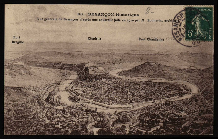Vue générale de Besançon d'après une aquarelle faite en 1910 par M. Boutterin, architecte [image fixe] , Paris : I. P. M., 1904/1911