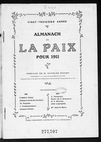 Almanach de La Paix pour 1911 , Nimes : impr. coopérative "La Laborieuse", [1910]
