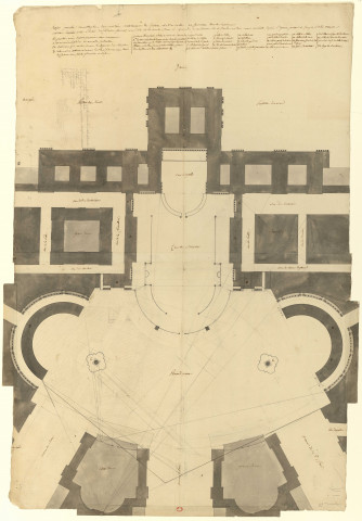 Versailles [Dessin] : projets pour la reconstruction du château : Projet pour la reconstruction des parties antérieures du château de Versailles en conservant tous les bâtiments existant entre l'hôtel du controleur général et l'aile de la Bouche, tous les grands appartements sur le jardin et tout ce qui subsiste depuis l'Opéra jusque et compris l'aile neuve , 1750/1799