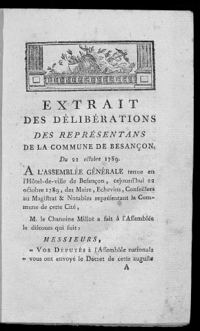 Extrait des délibérations des représentans de la commune de Besançon du 22 octobre 1789