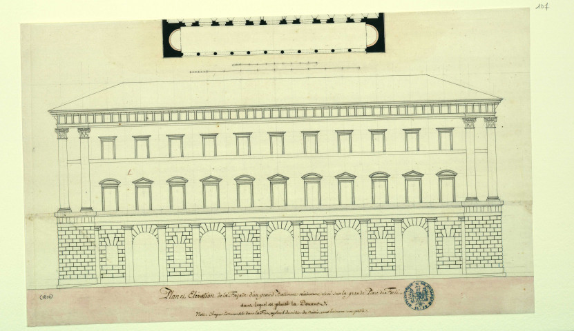 Plan et élévation de la façade d'un grand bâtiment élevé sur la grande place de Forli, dans lequel est placée la douane / Pierre-Adrien Pâris , [S.l.] : [P.-A. Pâris], [1700-1800]