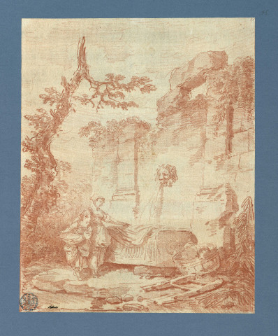 Lavandières devant un sarcophage transformé en lavoir , [France : Paris], [vers 1774]