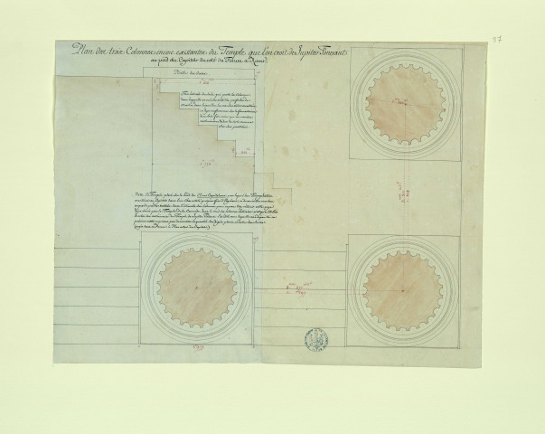 Plan des trois colonnes encore existantes du temple que l'on croit de Jupiter Tonnant au pied du Capitole du côté du Forum à Rome / Pierre-Adrien Pâris , [S.l.] : [P.-A. Pâris], [1700 -1800]