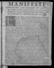 Manifeste contenant les raisons et motifs, qui ont émeu Sa Majesté impériale a prendre si justement les armes et d'envoyer ses troupes dans l'Empire; publ. dans la Diète impériale à Ratisbonne le 30 aoust 1673 (signé : Marquard, évêque d'Aichstat)