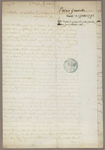 Vente : copie de l'acte de vente (s.d.) ; acquisition par la Ville de Besançon ; affiche (1863) ; réalisation d'une statue en marbre du Cardinal de Granvelle : arrêté préfectoral, délibérations du conseil municipal, contrat, correspondance (1864-1902) ; projet de reconstruction : correspondance (1872-1873) ; projet d'aménagement d'une salle de concerts et banquets au sein du Palais Granvelle : plan (1882) ; absences injustifiées du concierge : correspondance (1890) ; déplacement de la statue du Cardinal de Granvelle : devis, correspondance (1947-1948).