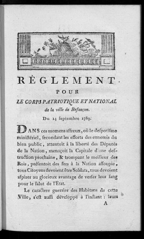 Réglement pour le corps patriotique et national de la ville de Besançon du 14 septembre 1789