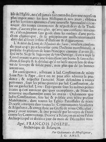 Mandement de Monseigneur l'archevêque de Besançon... pour la publication de la constitution de N. S. P. le Pape Innocent XII, du 12 mars 1699, portant condamnation et défense du livre intitulé : Explication des maximes des Saints sur la vie intérieure, etc.