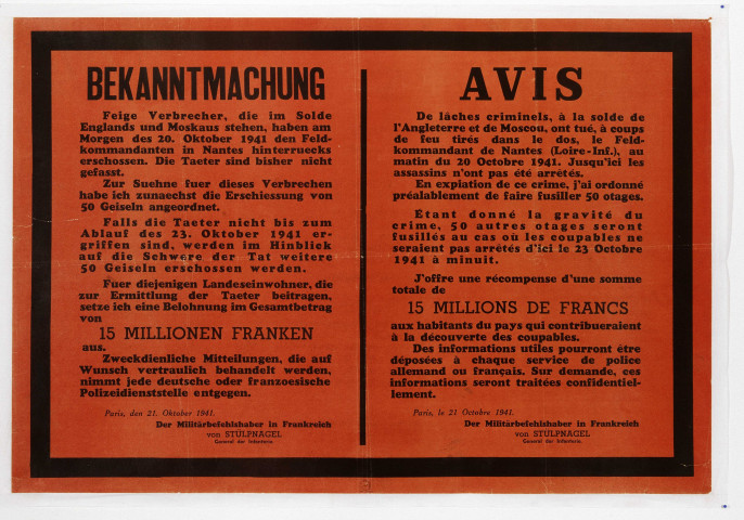 Avis concernant les otages à la suite de d'attentat du 20 octobre 1941 à Nantes, affiche