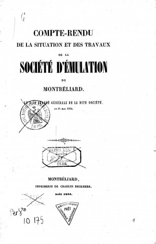 01/01/1854-1855 - Compte rendu de la situation et des travaux de la Société d'émulation de Montbéliard [Texte imprimé]