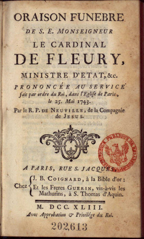 Ms 886 - « Parodie de l'Oraison funèbre du cardinal Hercule [de Fleury], prononcée par le P. Neuville, jésuite »