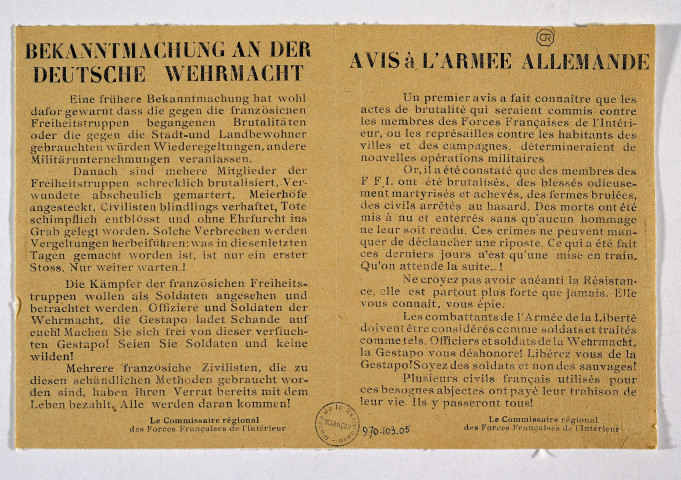 Avis à l'armée allemande = Bekanntmachung an der deutsche Wehrmacht, affiche