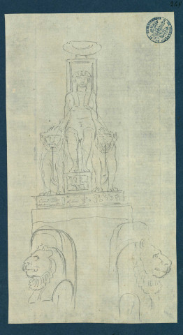 Personnage (mythologique ?) égyptien sur un trône accosté de deux liens (esquisse pour fontaine ?) , [S.l.] : [s.n.], [1700-1800]