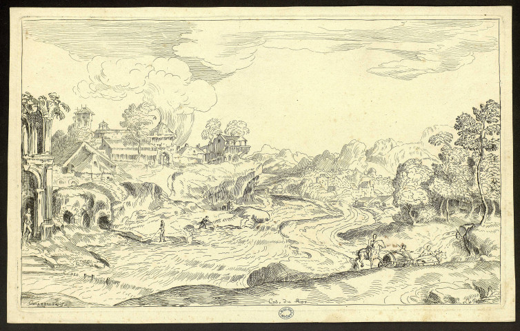 [Paysage avec à droite un chariot chargé d'un tonneau] [image fixe] / Campagnola In. C. Sculp. , 1712/1765