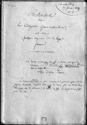 Ms 2831 - Pierre-Joseph Proudhon. Recherches sur les catégories grammaticales.