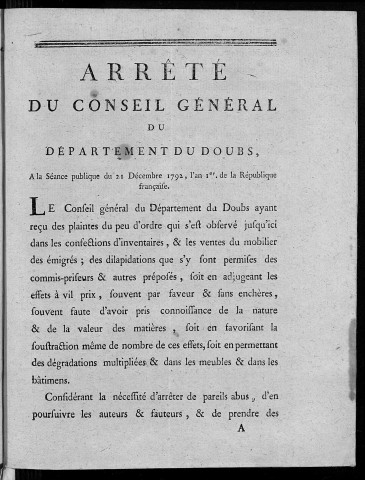 Arrêté du Conseil général du département du Doubs. A la séance publique du 21 décembre 1792, l'an 1er de la République française
