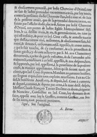 Arrest par lequel estdéclarée abusive la censure d'excommunication portée contre le chanoine Fau