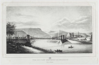 Vue du pont suspendu de Besançon [image fixe] : prise de La Mouillère / C.L., Lithog. de Ste Agathe à Besançon , Besançon : Sainte-Agathe, 1800/1899