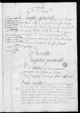 Comptes de la Ville de Besançon, recettes et dépenses, Compte de Pierre Bourdarye (1774)