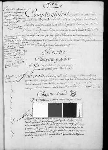 Comptes de la Ville de Besançon, recettes et dépenses, Compte de Pierre Bourdarye (1769)