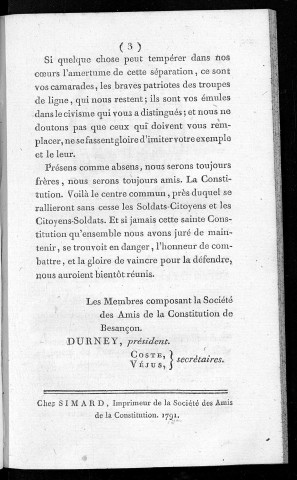 Adresse de la Société des Amis de la Constitution, séante à Besançon. aux officiers patriotes, sous-officiers et soldats du régiment de Piémont