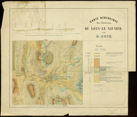 Carte géologique des environs de Lons-le-Saunier , par E. Boyé. Gravé par G. Sire. [Document cartographique] , Besançon : lith.Chalandre., 1875/1900