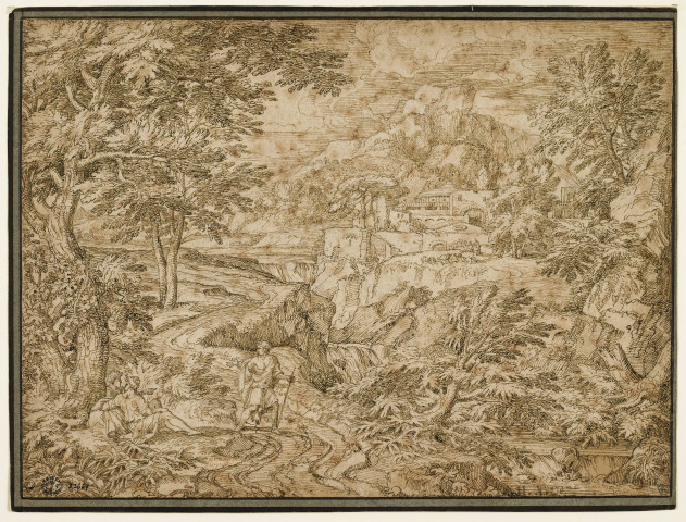 Paysage animé de trois personnages au premier plan gauche