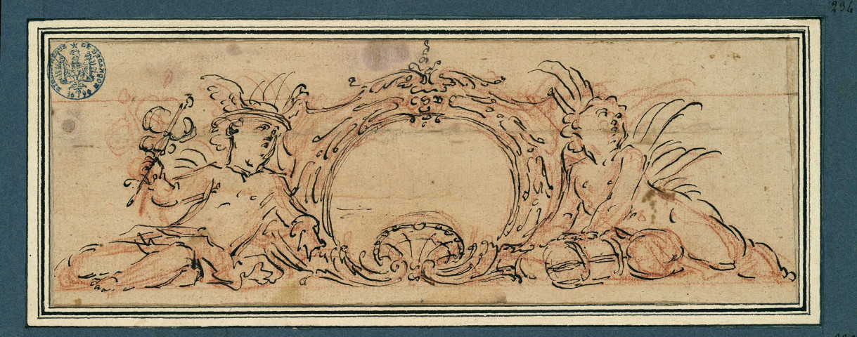 Décor allégorique esquissé d'inspiration mythologique : deux enfants encadrant un cartouche , [S.l.] : [s.n.], [1700-1800]
