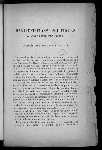 Manifestations politiques à l'Académie française, d'après des documents inédits /