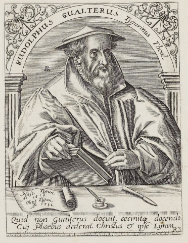 Rudolphus Gualterus Tigurinus Thcol.. Nasc. Tiguri, Ao 1518. Obijt Tiguri Ao, 1586. ; Quid non Gualterus ocuit, cecinito docendo, Cuj Phoebus dederat, Christus [et] ipse Lyram ; R3 / B. [Bry, Johann Theodor de (1561-1623) ; gravé par Robert Boissard d'après Jean Jacques Boissard.]