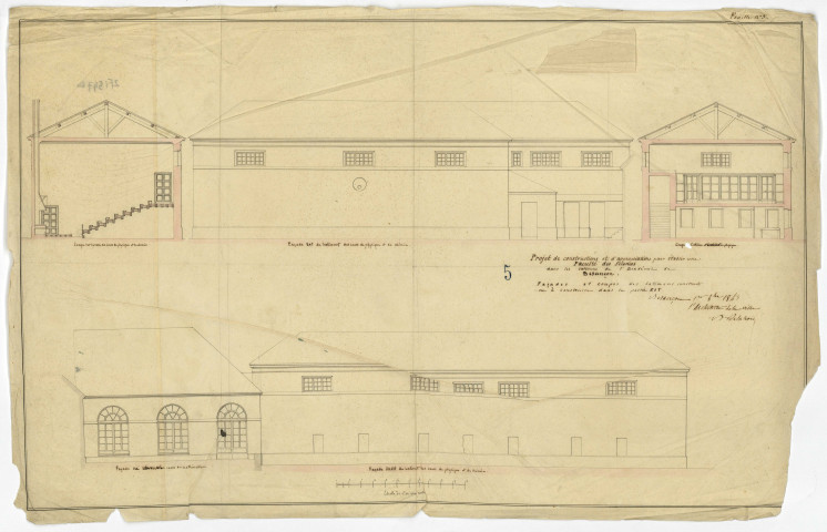 Faculté des Sciences. Projet de construction : élévation + coupes des façades EST et OUEST.
Daté du 1er octobre 1843, signé par l'architecte de la ville Delacroix.