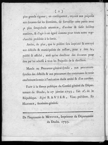 Arrêté du Conseil général du département du Doubs, du 17 Janvier 1793, l'an 2e de la République française