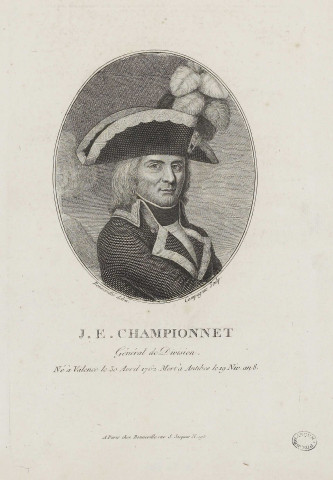 J. E. Championnet, Général de Division, né à Valence le 30 Avril 1762, mort à Antibes le 19 Niv. an 8. [image fixe] / Compagnie Sculp. ; Bonneville delin. , A Paris : Chez Bonneville, 1800/1899