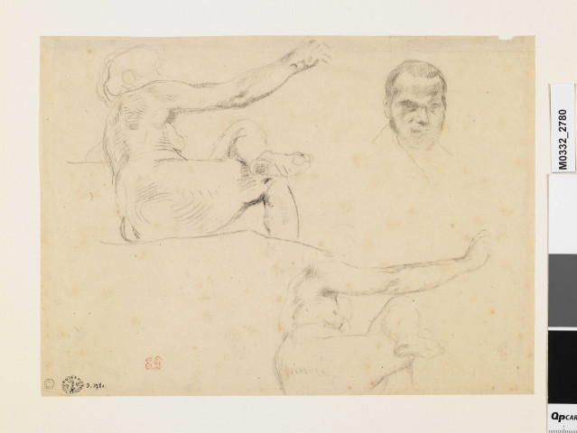 Etudes : femme nue assise et visage d'homme