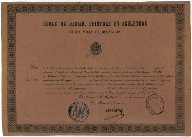 Ms Z 836 - Nestor Bavoux. Diplômes et prix. 1837-1877